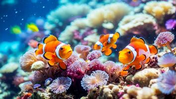 ai generato bellezza di il subacqueo mondo include mare anemoni, coralli e clown pesce foto