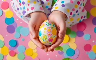 ai generato un' bambino detiene un uovo con un' colorato design su esso foto
