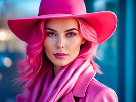 ai generato un' donna con rosa capelli e un' rosa cappello pose per un' foto