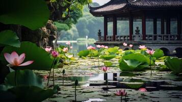 ai generato un' bellissimo loto stagno con fiori e le foglie galleggiante su il acqua e un' soleggiato cielo foto