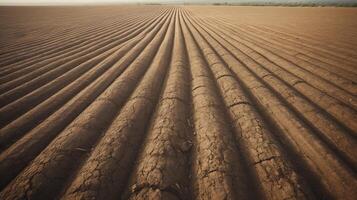 ai generato agricolo campo con preciso e simmetrico solchi foto