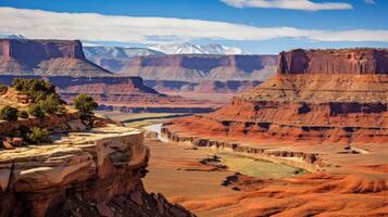 ai generato un' magnifico paesaggio di un' canyon con vario roccia formazioni e montagne sotto un' blu cielo foto