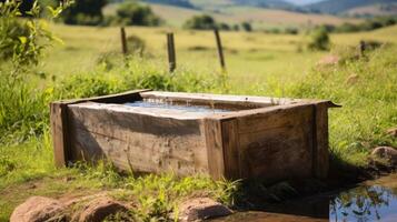 ai generato classico di legno depressione fornire acqua per azienda agricola animali foto