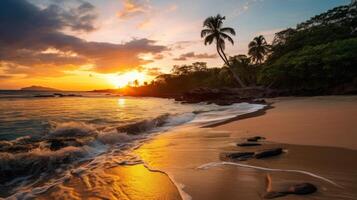 ai generato tropicale spiaggia e tramonto a crepuscolo nel tranquillo naturale ambientazione foto