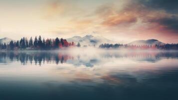 ai generato lago paesaggio con Alba e nebbia nel sfondo Immagine foto