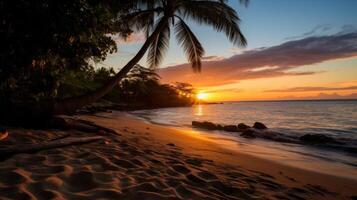 ai generato tropicale spiaggia con vivace tramonto e leggero e ombre a crepuscolo foto