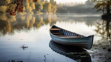ai generato tranquillo, calmo scenario di lago e vecchio stile barca a remi foto