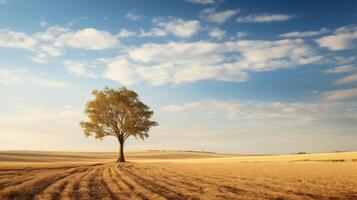 ai generato un' campo di Grano con un' blu cielo e un' albero nel il centro foto