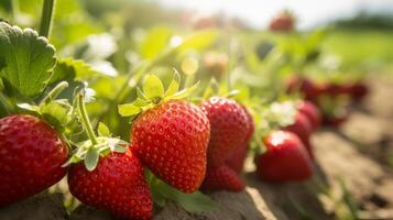 ai generato fragole in crescita nel un' soleggiato campo con fiori foto