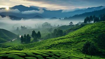 ai generato un' verde e lussureggiante tè piantagione con un' nebbioso montagna fondale foto