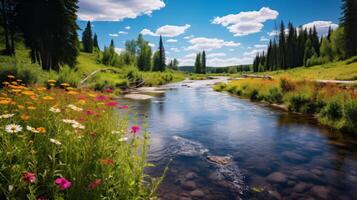 ai generato il pittoresco fiume e il vivace fiori selvatici Come essi creare un' magico atmosfera foto