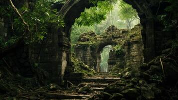 ai generato un' travolgente e misterioso Visualizza di un' foresta con vecchio pietra strutture e archi nel il sfondo foto