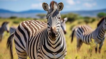 ai generato zebra mandria pascolo su verde erba nel natura foto