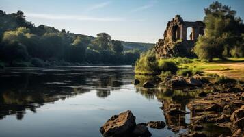 ai generato calma fiume con antico rovine su tutti e due lati foto