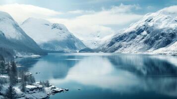 ai generato incontaminato ghiacciato fiordo circondato di neve capped picchi foto