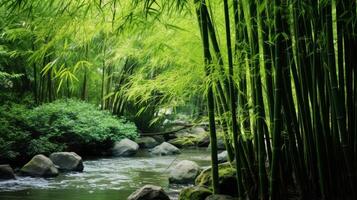 ai generato un' rilassante e rinfrescante Visualizza di un' tranquillo bambù boschetto con un' chiaro cielo e un' naturale suono foto
