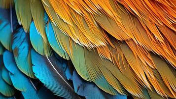 ai generato un' uccelli piume e piume nel un' vicino su Visualizza con un' varietà di colori e textures foto