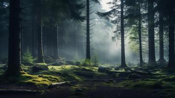 ai generato un' sbalorditivo vista di un' illuminata dal sole foresta nel il nebbia con lussureggiante verde le foglie e rami foto