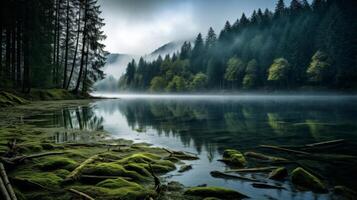 ai generato calma lago con mistico foresta nel panoramico Visualizza foto