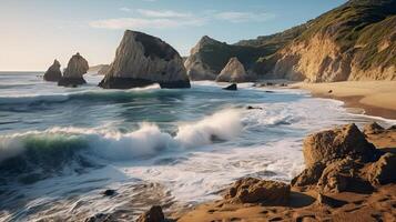 ai generato Crashing onde e aspro scogliere a un' appartato spiaggia natura scena foto