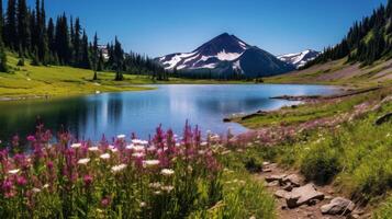 ai generato tranquillo, calmo fiori selvatici e lago nel nascosto Posizione foto