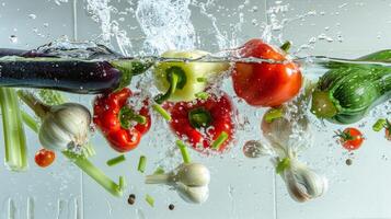 ai generato fresco verdure caduta in acqua con spruzzata. Pepe, aglio, cipolla. salutare cibo concetto. foto