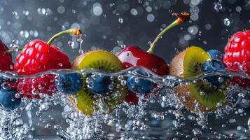 ai generato frutta e frutti di bosco nel acqua schizzi. salutare cibo sfondo foto