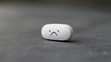 ai generato bianca pillola con triste viso su grigio sfondo. foto