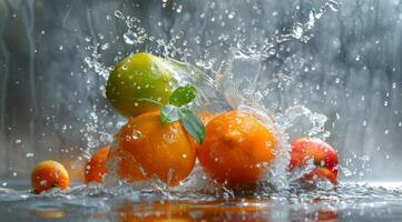 ai generato acqua spruzzo e agrume frutta con gocce di acqua. foto