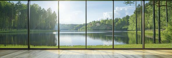 ai generato tranquillo lago Visualizza, illuminata dal sole primavera giorno attraverso un' grande finestra prospiciente un' foreste litorale foto