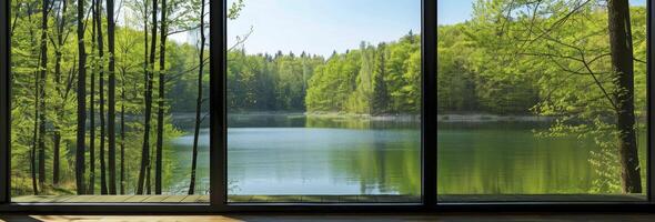 ai generato tranquillo lago Visualizza, illuminata dal sole primavera giorno attraverso un' grande finestra prospiciente un' foreste litorale foto