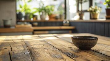 ai generato rustico semplicità, vuoto di legno tavolo impostato contro un' sfocato cucina panchina sfondo foto