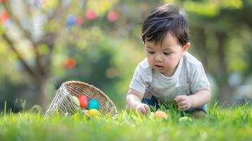 ai generato poco ispanico ragazzo a caccia per uovo nel primavera giardino su Pasqua giorno. bellissimo primavera soleggiato giorno nel parco. tradizionale Pasqua Festival all'aperto. foto