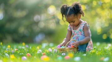 ai generato poco nero pelle ragazza a caccia per uovo nel primavera giardino su Pasqua giorno. bellissimo primavera soleggiato giorno nel parco. tradizionale Pasqua Festival all'aperto. foto