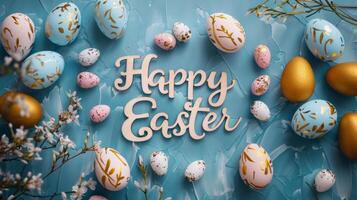 ai generato contento Pasqua calligrafia testo Messaggio con colorato decorato uova e fiori al di sopra di blu sfondo. foto