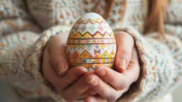 ai generato mani Tenere colorato Pasqua uova nel avvicinamento. religioso vacanza festeggiare speciale momento per colore decorare uova tradizione concetto. foto