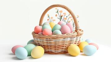 ai generato colorato Pasqua uova nel il intrecciata cestino isolato su bianca sfondo. pastello colore Pasqua uova. foto