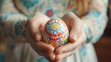 ai generato mani Tenere colorato Pasqua uova nel avvicinamento. religioso vacanza festeggiare speciale momento per colore decorare uova tradizione concetto. foto
