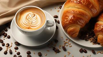 ai generato caffè in ritardo e brioche pane su ristorante prima colazione foto