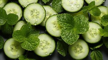 ai generato cetriolo fetta insalata con menta foglia per prima colazione foto