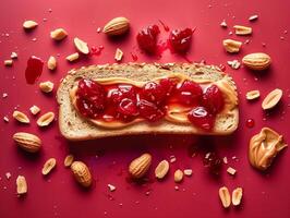 ai generato arachide burro e gelatina su tostato pane con arachide decorazione. foto