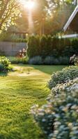 ai generato un' fresco giardino Visualizza a il primavera o estate tempo foto