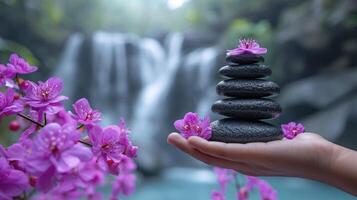 ai generato un' mano Tenere un' pila di zen pietre, circondato di viola fiori, con un' sfocato cascata nel il sfondo, la creazione di un' tranquillo e sereno scena. foto
