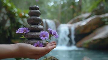 ai generato un' mano Tenere un' pila di zen pietre, circondato di viola fiori, con un' sfocato cascata nel il sfondo, la creazione di un' tranquillo e sereno scena. foto