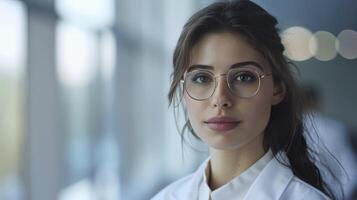 ai generato innovativo ricerca giovane donna scienziato nel bianca cappotto e bicchieri principale un' squadra di specialisti nel un' moderno medico scienza laboratorio, con sfocato sfondo collaborativo opera foto