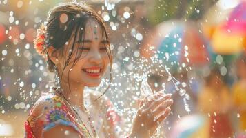 ai generato bellissimo ragazza e acqua spruzzo nel Songkran Festival a Tailandia foto