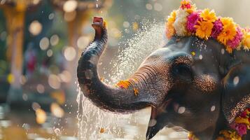 ai generato decorato elefante con ghirlanda nel Songkran Festival a Tailandia foto