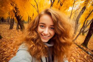 ai generato contento giovane donna assunzione autoscatto nel il autunno foresta foto