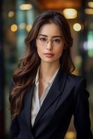 ai generato verticale ritratto di giovane asiatico attività commerciale donna nel il ufficio con bicchieri foto