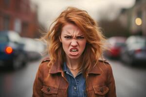 ai generato arrabbiato giovane donna su il strada. ritratto di furioso donna, avvicinamento. foto
